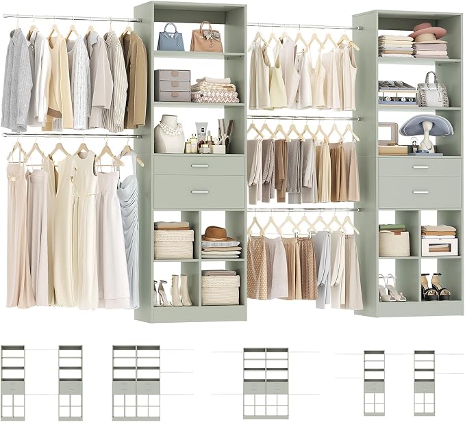 Besiost Closet System, 7.4ft-10ft with 4 Wooden Drawers and 5 Hanging Rods, Can Fit 88 to 123 inch Walk-in Closet System, Crab Green