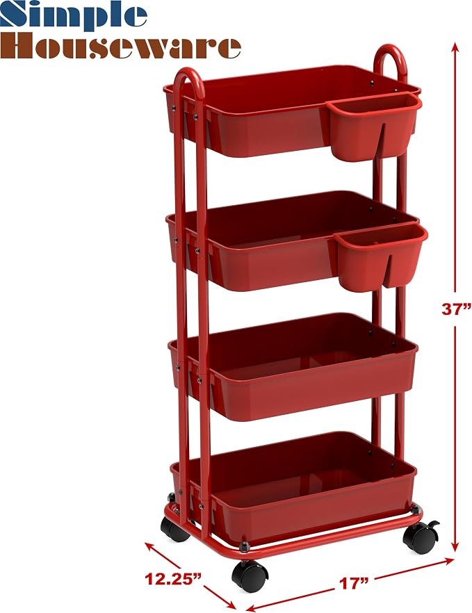 Simple Houseware 4-Tier Rolling Utility Cart with Hanging Bucket, Red | Storage for Bathroom, Kitchen, Office, Study Room, Nursery Diaper