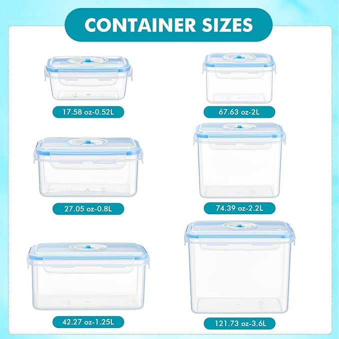 LemonRoad 33 Piece Vacuum Seal Storage Food Containers with Lids (6Containers&6 Lids&20 Sealable Bags&1 Hand Vacuum Pump), Meal Prep Containers with Lid, Airtight and Leak Proof(Blue)