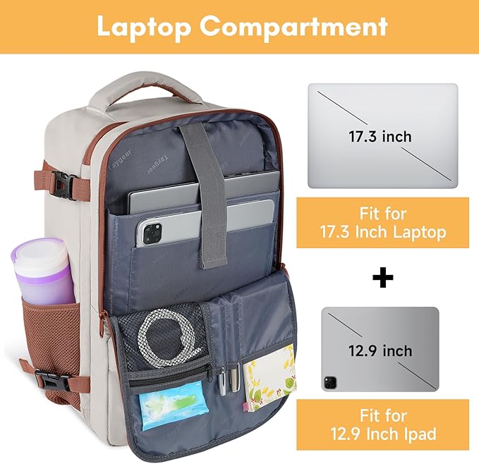 Taygeer Backpack for Women, College Backpack with Laptop Compartment 40l | Travel Laptop Mochila Carry On Luggage with Shoe Pouch, Airline Approved Personal Item Bag for Weekender Hiking, Khaki White