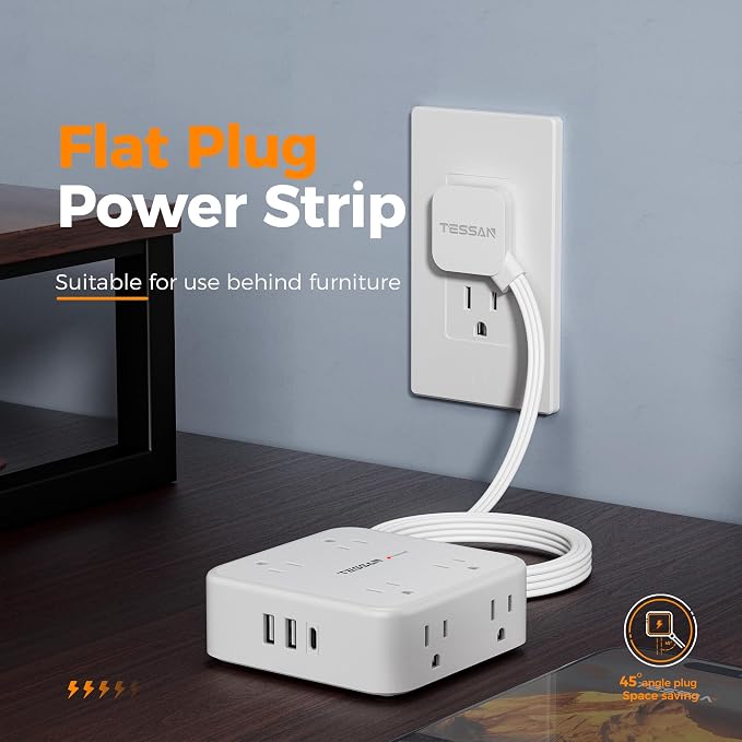 TESSAN Surge Protector Power Strip with 900J Surge Protection, 15 Ft, White | 8 AC with 3 USB Ports, Flat Plug Extension Cord, 3 Sided Outlet Extender with Power Switch