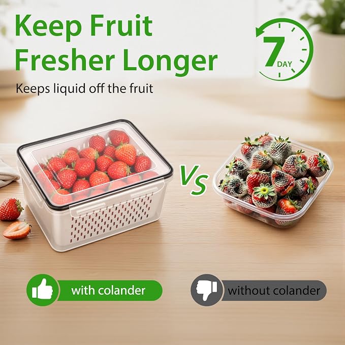 5 PCS Fruit Storage Containers for Fridge, Leakproof Produce Containers | For Fridge with Removable Colander, Microwave/Dishwasher Safe Fruit Washing Bowl Keep Fruits, Vegetables, Berry Fresh longer