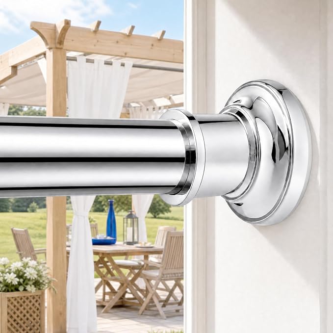 Outdoor Tension Rods No Drilling Patio Shower Curtain Rod 40-130 Inch | Extra Long Tension Curtain Rod,10FT,Heavy Duty,1.1 Inch Thick Diameter,Spring Adjustable,No Rust,Bathroom,Windows,Silver