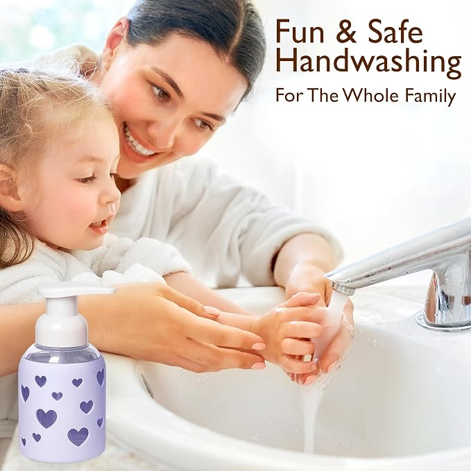 SoCal Suds & Company Foaming Hand Soap Dispenser Glass, Liquid Soap Pump with Heart Silicone Sleeve, Refillable Bottle for Kids, Baby Wash & Shampoo, Ideal for Bathroom & Kitchen Use, Soft Purple, 8oz