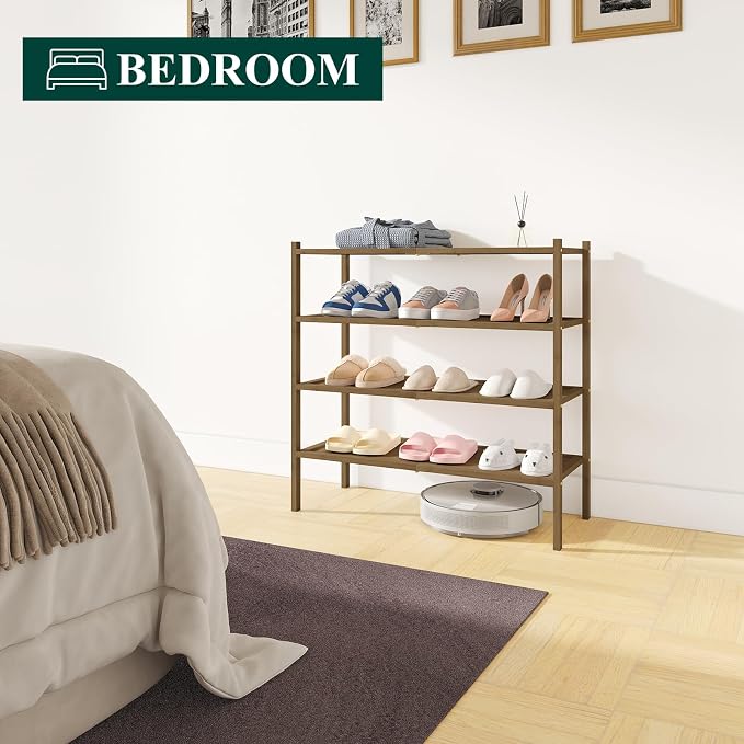 Smiry Bamboo Shoe Rack, 4 Tier Shoe Organizer for Entryway & Closet, Stackable Free Standing Storage Shelf for Shoes, Bags & Plants, Walnut