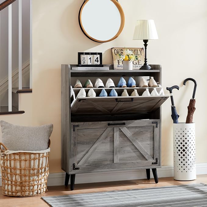 Barnyatoh Shoe Storage Cabinet with 2 Flip Drawers, Farmhouse Hidden Shoe Organizer, Narrow Slim Shoe Rack Cabinet for Entryway Hallway,Washed Gray