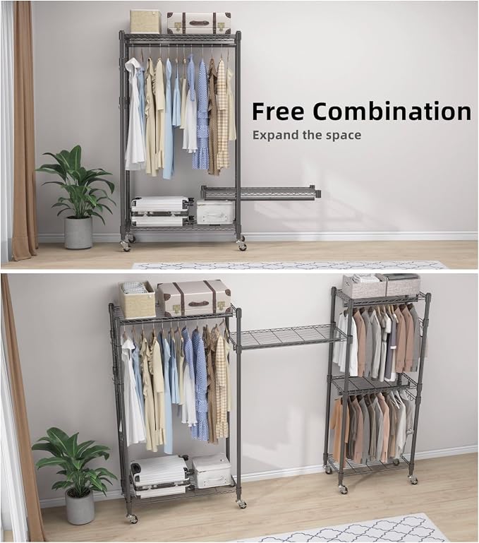 BATHWA Rolling Tall Garment Rack with 2 Rods & 3-Tier Adjustable Shelves, 35.5" W x 16.5" D x 80.7" H, Heavy Duty Clothes Hanging Racks Portable Wardrobe Closet Organizer for Bedroom, Laundry, Black