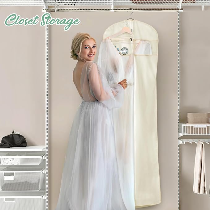 MISSLO 70" Bridal Wedding Gown Dress Garment Bag with Accessories Pouch Large Travel Garment Cover 8" Gusset (Beige)