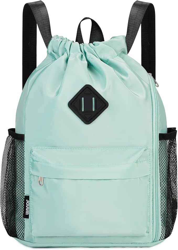 WANDF Drawstring Backpack with Shoe Compartment, Sports Gym Bag | Multi-Pocket Storage, Water-Resistant Fabric, Cinch String Bag