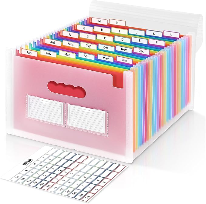 SKYDUE Accordion File Organizer with 26 Pockets & Label Stickers, Expanding File Folders Fit for A4 & Letter Size Paper, Multi-Functional Document Organizer for Home & Office File Management