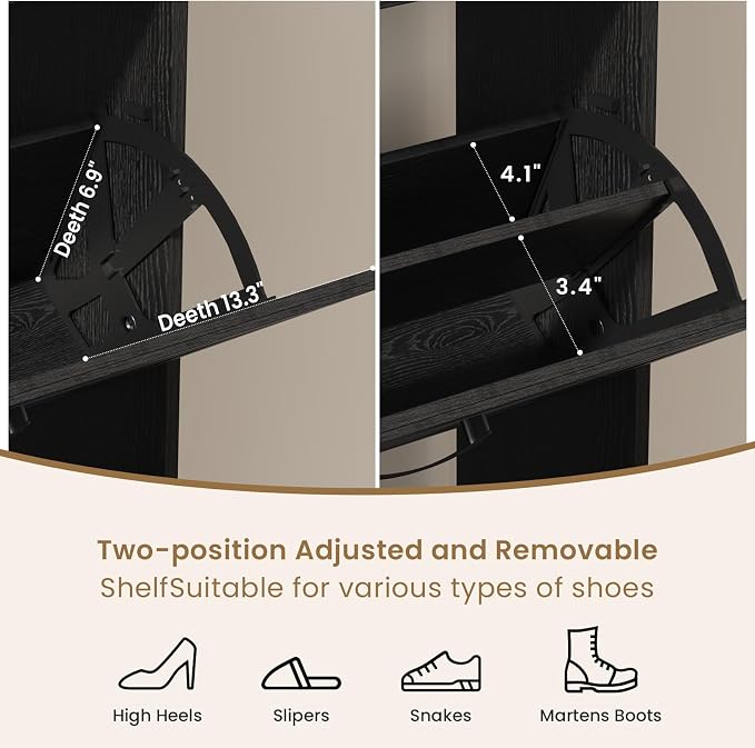 Shoe Cabinet Organizer with 2 Flip Drawers, Farmhouse Narrow Shoe Storage Cabinet with 2 Adjustable Shelves & 2 Hooks, 23.6"W x 8.7"D x 41.8"H Shoe Rack for Entryway, Foyer, Hallway, Black