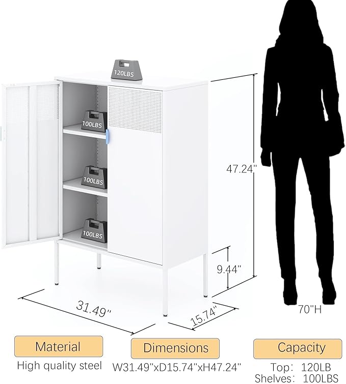 Ustamio 2 Door Accent White Metal Storage Cabinet with Adjustable Shelves and Air Vent Doors, 3 Tier Metal Sideboard Cabinet for Home, Office, Entryway, Hallway, Assembly Required, (LC-WGG-W)
