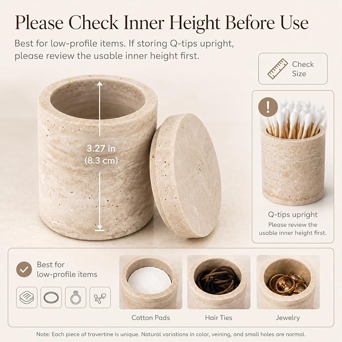 Natural Travertine Round Canister with Lid | Natural travertine canister for Q Tip, cotton rounds, balls, floss picks and short dry vanity items.