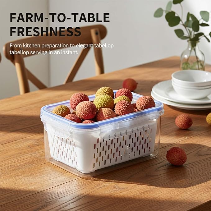 Fruit Storage Containers for Fridge with Removable Colander, Airtight Produce Storage Containers with Lids, Fridge Organizers and Storage for Berry, Fruit, Vegetables, Salad & Meal Prep (Blue, L)