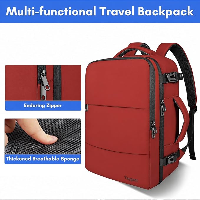 Taygeer 15.6 Inch Travel Backpack Carry On for Women Men, Personal Item Bag | Airline Approved Backpack with Water Bottle Pocket & Laptop Compartment, Bag for Weekender, Work, Hiking Essentials,Brick Red