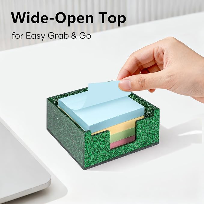 Acrylic Sticky Note Holder 4x4in Tray for Desk, Green Glitter | Sparkling glitter acrylic tray, fits 3x3 sticky notes, compact organizer for office school and home