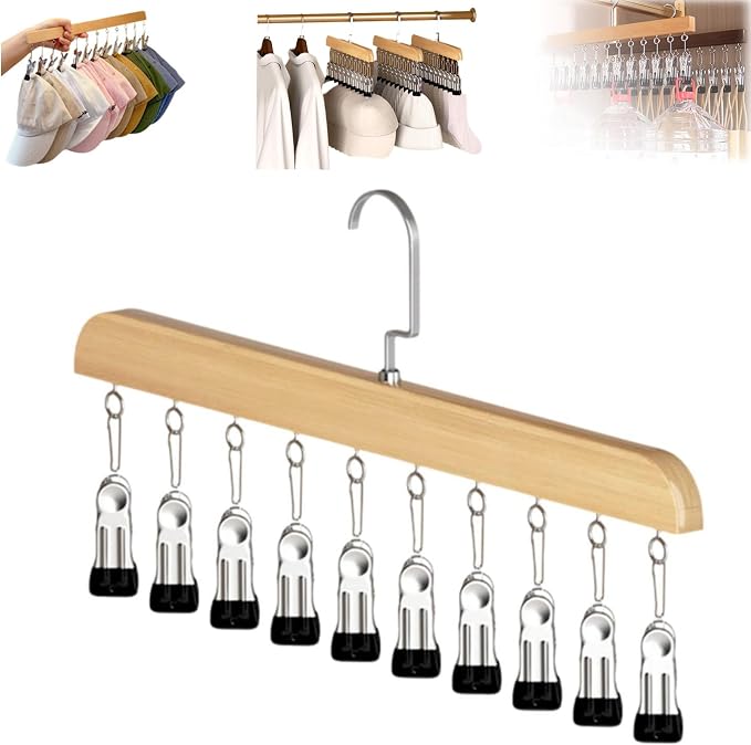 Closet Organizer with 10 Clips, Space Saving Hanging Closet Organizer, Space-Saving Hat Scarf Clothespins for Jeans Skirts Socks Pant Hangers with Clips (Wood-10 Clips, 1PC)