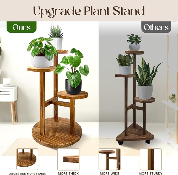 GEEBOBO 3 Tier Plant Stand Indoor, Tiered Wood Plant Stand for Indoor Plants, 21" Height Space Saving Small Corner Plant Shelf, Plant Stands for Tabletop, Balcony, Living Room (Brown)