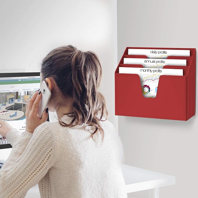 Acrimet Horizontal Triple File Folder Holder Organizer, Open Top Desktop Document Sorter for Letter Size Papers & Folders, Plastic (Solid Red) | 3 compartments to separate and organize documents, folders and papers