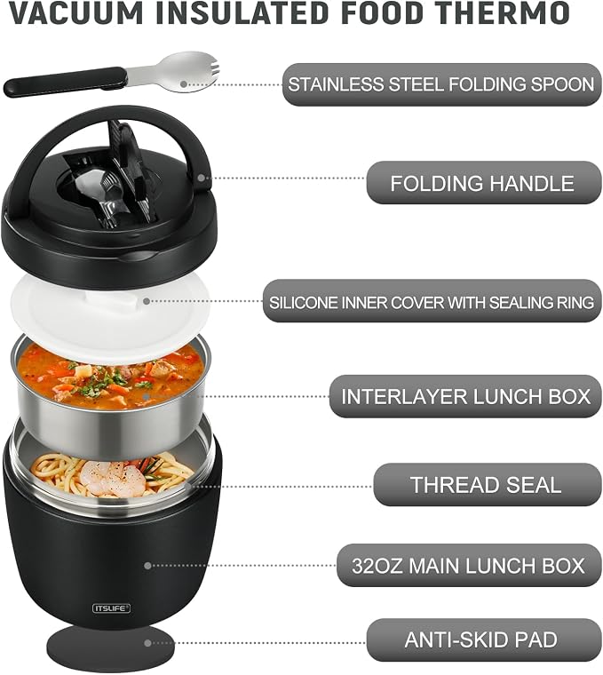 Itslife 32oz Insulated Soup Thermo, Vacuum Stainless Steel Food Jar for Hot & Cold Food, Leakproof Wide Mouth Lunch Container with Spoon, Black