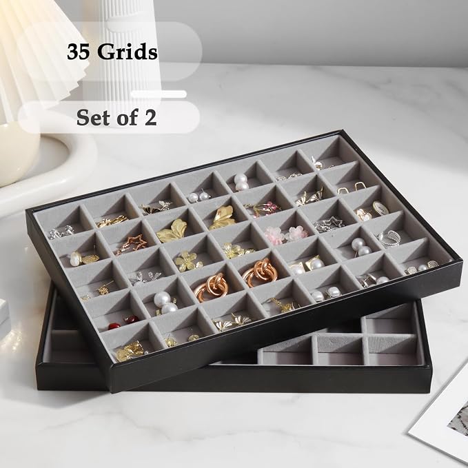 Large Jewelry Organizer Tray 2 Pack, Stackable Jewelry Storage Holder for Drawer Inserts, PU Leather Velvet Jewellery Display Case for Earring Bracelet Necklace Ring (Black Gray, 35 Grids)