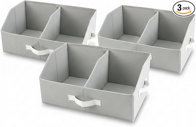 Closet Organizers And Storage - UPGRADED Trapezoid Storage Bin With Leather Handles & Adjustable Dividers, Fabric Collapsible Storage Bins For Clothes Storage & Shelf Organizer (3pcs,Small,Light Gray)