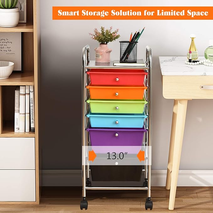 DREAMADE Rolling Rainbow Cart with 6 Drawers, Utility Cart with Removable Plastic Drawers, Lockable Wheels, Art Cart for Classroom Organization Art Supplies Office Scrapbook (6 Drawers, Multi-color)
