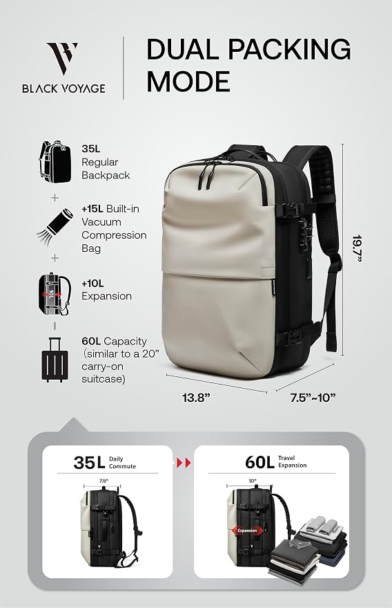BlackVoyage Vortex Vacuum Seal Travel Backpack 60L Expandable Air Compression System Water Resistant TSA Lock Carry-On
