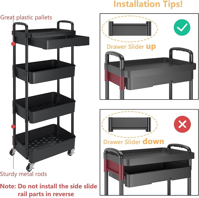 Calmootey 4-Tier Rolling Utility Cart with Drawer,Multifunctional Storage Organizer with Plastic Shelf & Metal Wheel,Storage Cart for Kitchen,Bathroom,Living Room,Office,Black | Space-Saving Organizer, Sturdy Plastic Shelves, Smooth-Rolling Metal Wheel...
