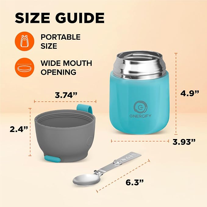 ENERGIFY Vacuum Insulated Food Jar. Large 17oz Bowl incl. Folding Spoon, Cup. Wide Mouth Keep Hot & Cold Drinks Soup Lunch Container for Adults. BPA-Free Stainless Steel, Leak Proof Blue