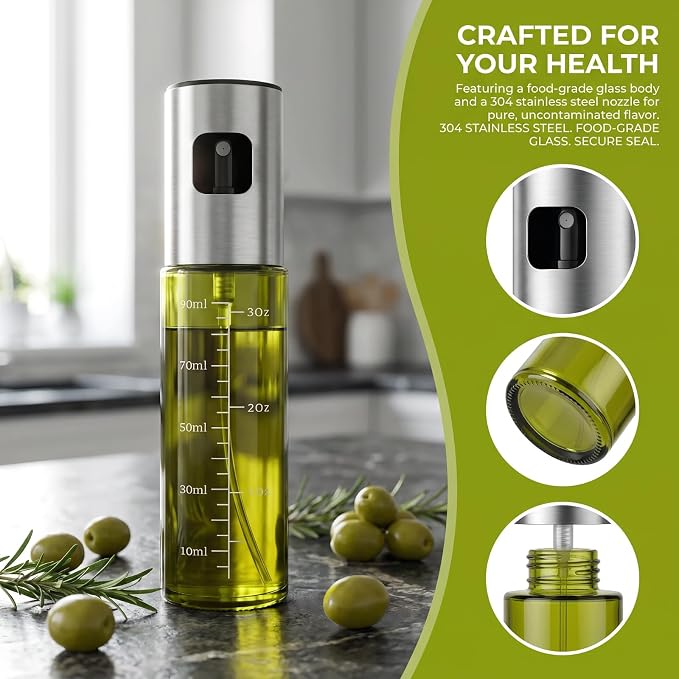 Cooking Oil Spray Bottle, Olive Oil and Avocado Oil Spray Bottle, 100ml Olive Oil Spray Bottle, Kitchen Tools, Air Fryer, Salad, Frying, Grilling (light-blocking glass)-Silver