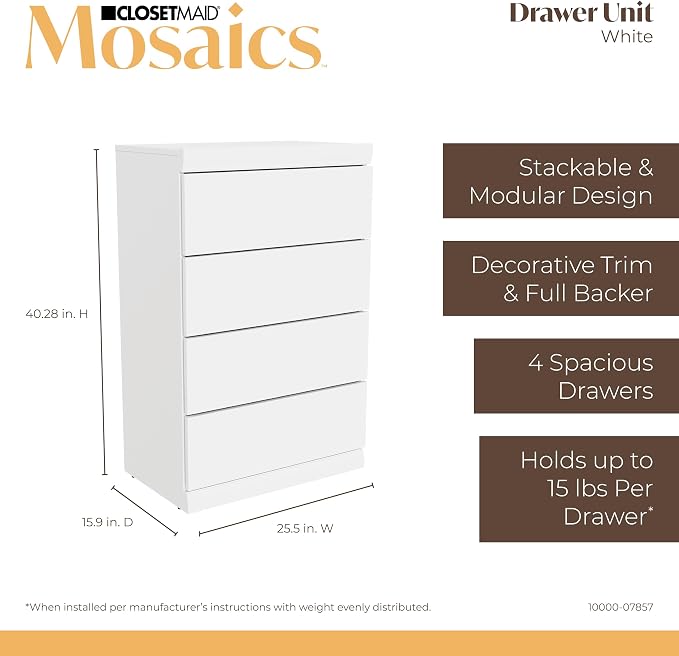 ClosetMaid Mosaics Storage Organizer Kit Includes; (1) Shelf & Door Unit, (1) 3-Shelf Unit, (1) Shoe Shelf Unit, (1) 4-Drawer Unit, and (2) Shelf & Rod Units, White