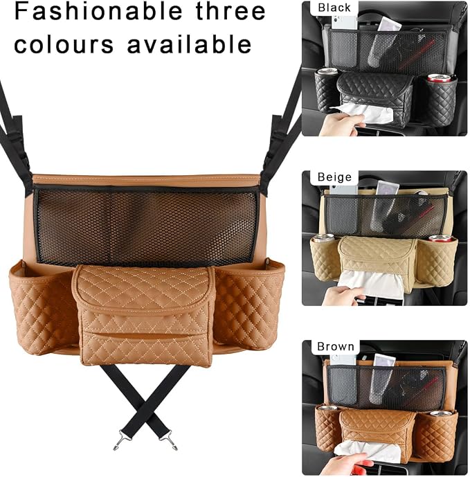 DXNQ Car Purse Holder Between Seats, Luxury Leather Front Seat Back Handbag Organizer with Tissue Box Cup Holders, Auto Large Capacity Multi Pocket Purse Holder Hanging Storage Bag (Brown)