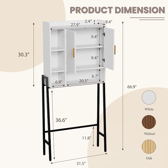 31" W Over The Toilet Storage Cabinet with Fluted Door,Bathroom Organizers and Storage with Adjustable Shelves, Mordern Over Toilet Organizer for Bathroom,Restroom,Laundry,White