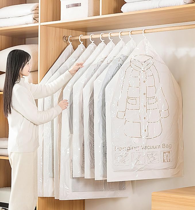 Hanging Vacuum Storage Bags with Pump, 4 Pcs 4 Hooks 43.3 Inch x 27.6 Inch PE Compression Down Jackets Arrange Bags for Saving Closet Space (Medium)
