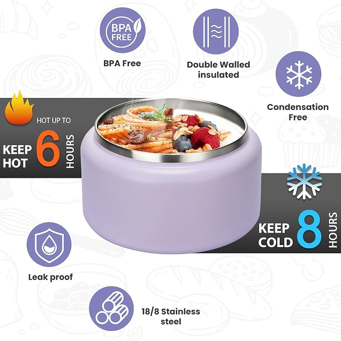 Itslife Soup Thermo for Hot Food Kids 25.5oz Lunch Containers with Buckle Lid Wide Mouth Hot Food Jar Vacuum Insulated Stainless Steel Bento Box Leakproof with Spoon (Purple3, 13.5oz)