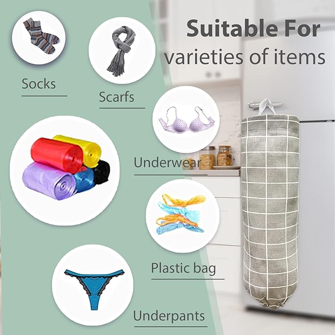 SYIPO Plastic Bag Holder, Reusable Grocery Bag Organizer, Wall Mount, Plaid Grey, 1 Pack, 15.7in x 9.8in