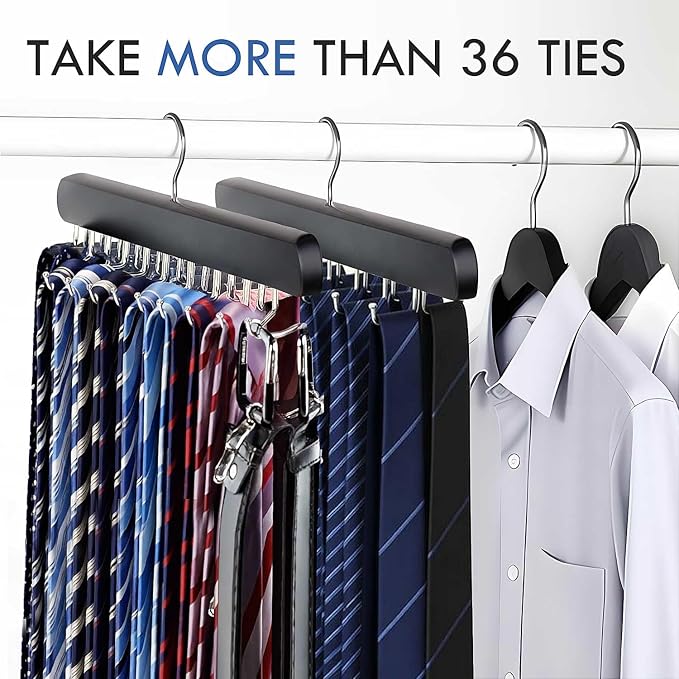 2-Pack Tie Rack Hanger for Closet, 36 Hooks Belt Hanger, Black | Wooden Tie Organizer for Men, Space-Saving Tie Holder, Upgraded Simple Folding Hooks, Sleek Tie and Belt Hanger