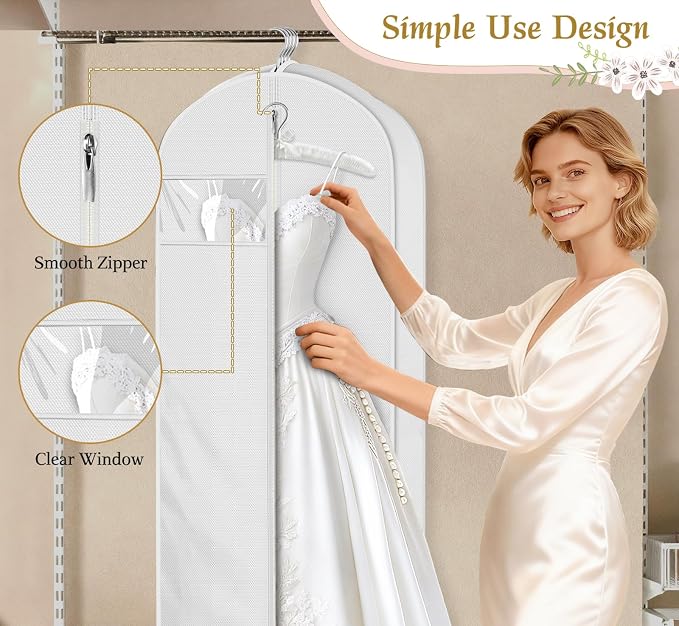KEETDY Wedding Dress Garment Bag for Travel with 4" Gusseted Long Hanging Dress Bags for Gowns for Women Garment Cover Clothes Storage for Closet (white, 72 inch)