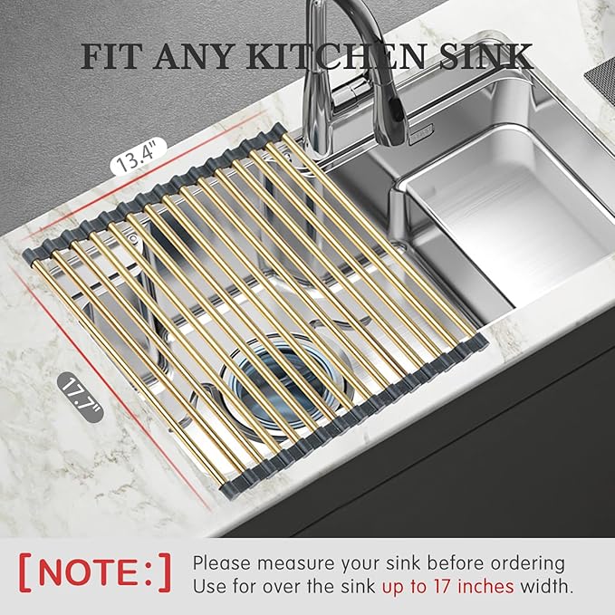 Gold Over Sink Dish Drying Rack - 17.7” x 13.4“Roll Up Dish Drying Rack, Silicone Wrapped Kitchen Rolling Dish Drainer, Anti-Slip Foldable Sink Rack Mat, Multipurpose Dish Racks For Kitchen Counter