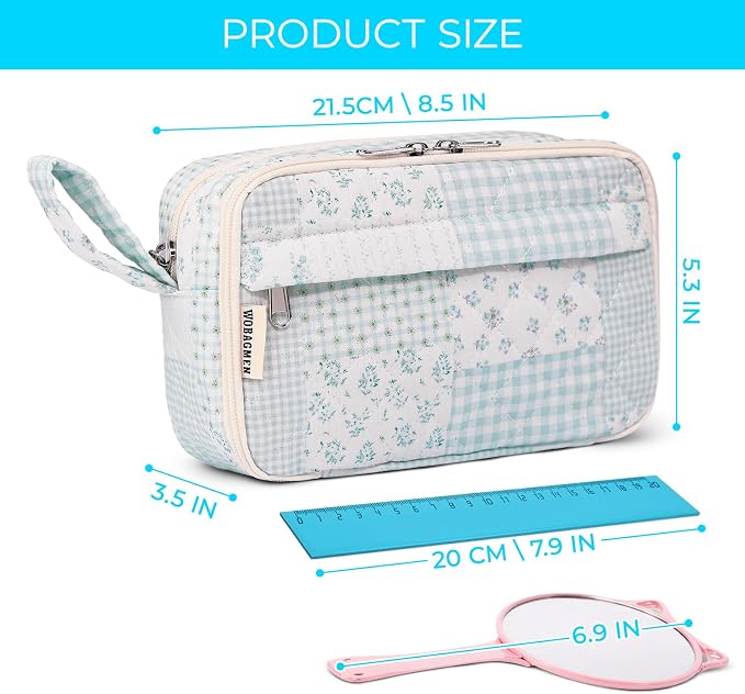 WOBAGMEN Quilted Pencil Pouch for Girls Women, Large Pencil Case Pouch with Compartments Cute Aesthetic Pencil Case Organizer, Floral Pencil Bag for School Supplies (green blue pin)