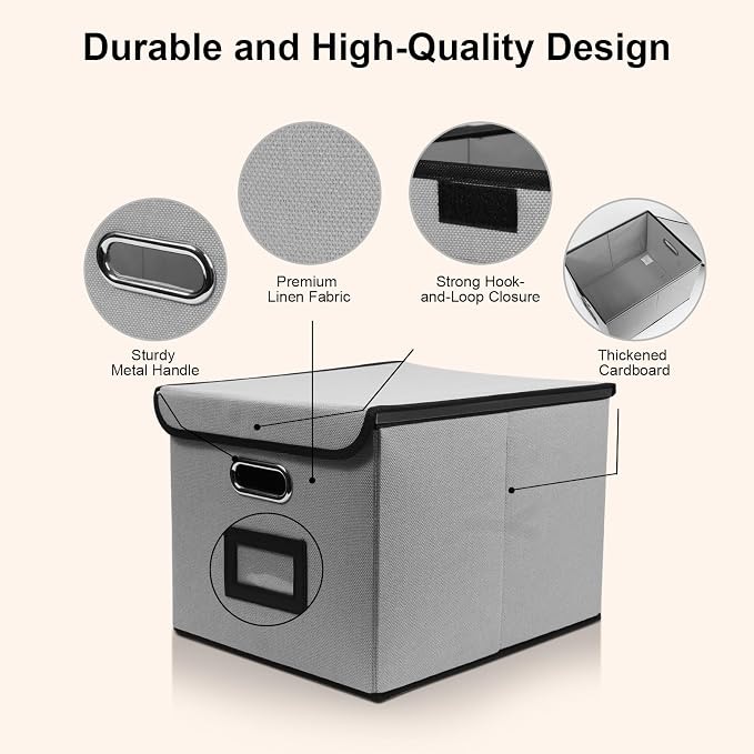 File Storage Box with Lid, 15.55x12.87x10.43 Inches, Foldable Organizer with Handles & Label Slot, for File Storage, Home, Office, and Closet Organization(4 Packs, Grey)
