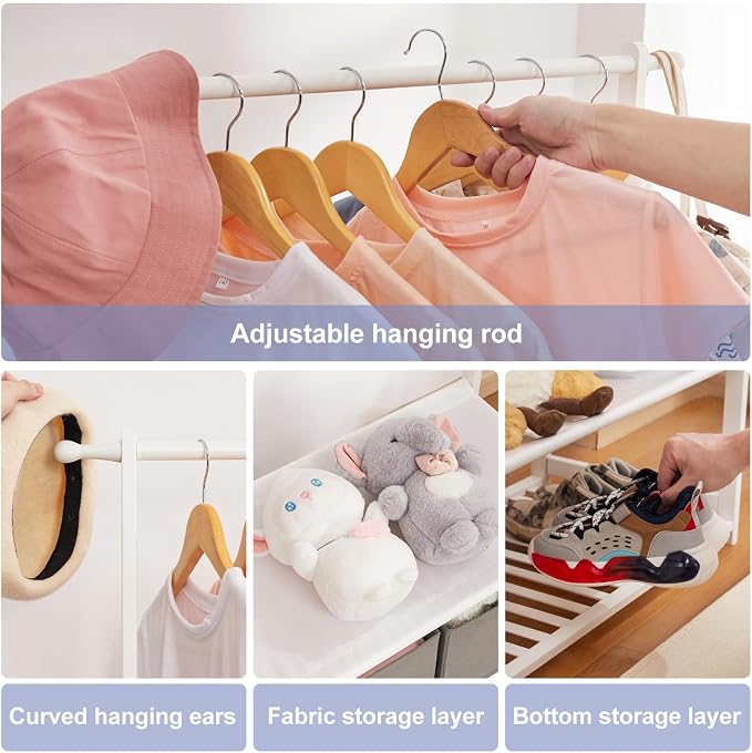 Bamboo Kids Clothing Rack: Holds Up To 121 Lbs of Dress-Up Clothes | 2 Adjustable Hanging Rods & 2 Storage Baskets With Shelf. Child Garment Holder for Playroom & Toddler Bedroom (White)