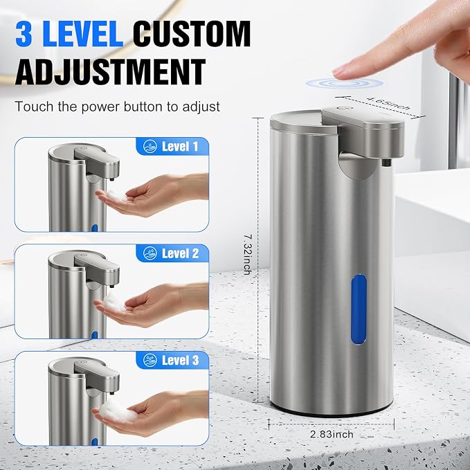 Fantictas Touchless Foaming Soap Dispenser, Stainless Steel Automatic Foam Soap Dispenser, USB-C Rechargeable Sensor Pump with 3 Adjustable Levels, 11.5 oz for Bathroom & Kitchen