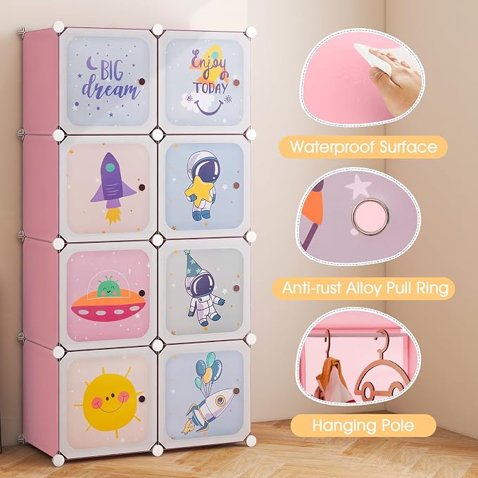 INFANS Children Wardrobe, Kid Closet Portable Baby Dresser Cute for Kids Bedroom Nursery Armoire with Doors 12 Cube 2 Hanging Sections, Kid Clothes Storage Organizer (Pink, 8 Cubes)