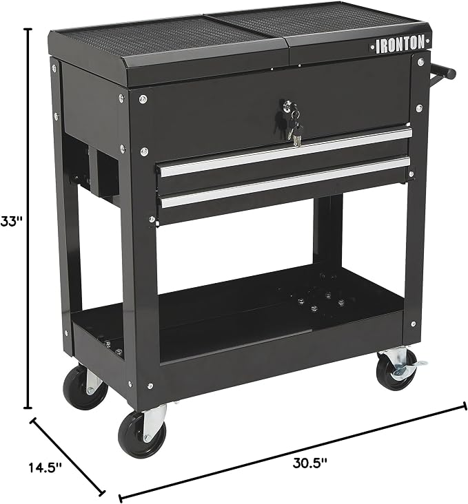 Ironton 28in. 2-Drawer Rolling Tool Cart, 350-Lb., Locking Drawers | Heavy-duty steel frame, open lower tray, quick-access tool organization, garage/workshop/warehouse use, easy maneuvering