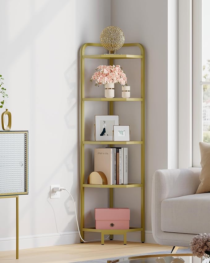 Hzuaneri Corner Shelf with LED Lighting, 6-Tier Glass Bookshelf | Steel Frame, Tempered Glass, Modern Style Corner Shelf, Suitable for Living Rooms, Bedrooms and Games Rooms