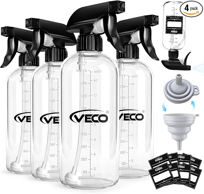 Veco 15oz Graduated Spray Bottles, 4-Pack — 360° Any-Angle Spraying for Easy Dilution, Leak-Resistant spray bottles for Cleaning, Plants, Hair & Pet Use + Foldable Funnel