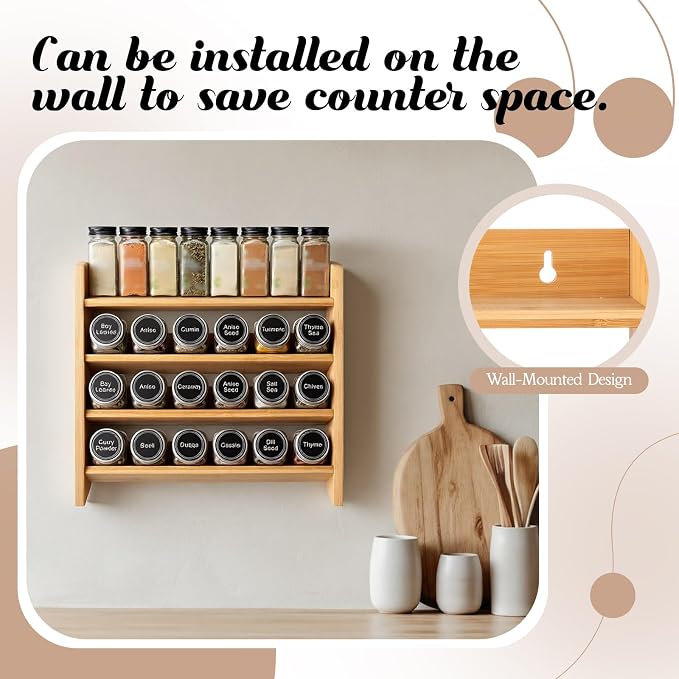 Gerrii 4 Tier Bamboo Spice Rack Organizer for Cabinet Wall Mounted, Large Capacity Spice Shelf for 28 Jars, Farmhouse Kitchen Aesthetic, Natural Bamboo Seasoning Shelf, Kitchen Countertop Space Saving