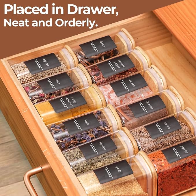 ComSaf Spice Jars 8oz Set of 6, Small Seasoning Containers with 9 Labels | Glass Spice Jars With Labels, Rectangle Small Jar, Spice Rack Organization, Loose Tea, Herbs, Powders, Dry Goods, BPA Free